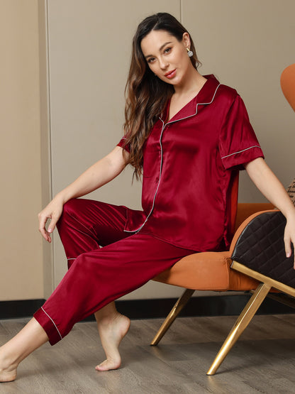 Piping Trim Moerbei Zijde Pyjama Set 2Pcs