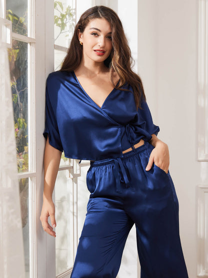 Zuivere Zijde Halve Mouw Omslagdoek met veters Dames Pyjama Set