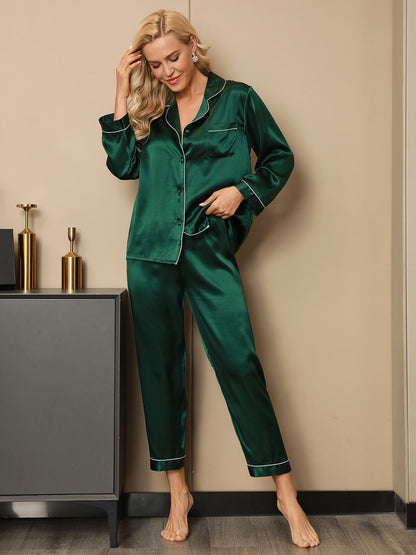 Moerbei Zijde Binding Trim Klassiek Pyjama Set 2Pcs