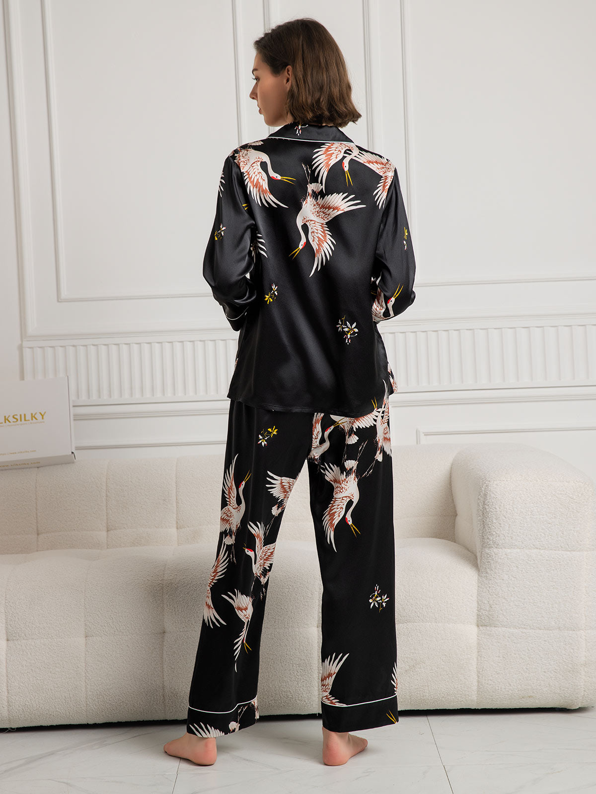 19Momme Zuivere Zijde Printed Klassiek Binding Trim Dames Pyjama Set.