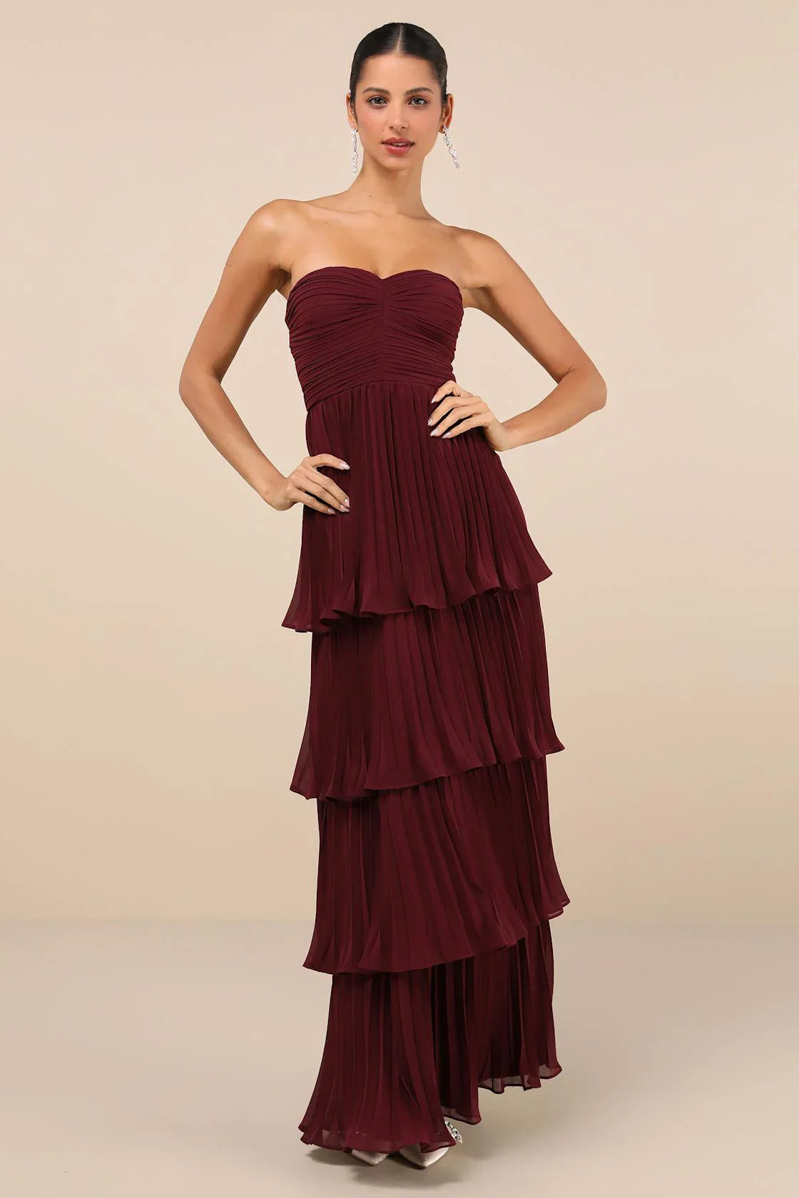 Pruimpaarse strapless gelaagde maxi-jurk