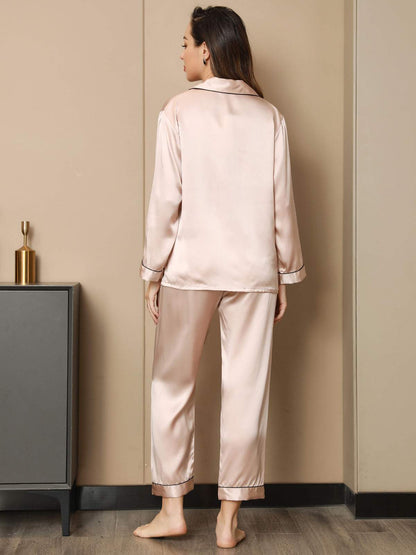 Moerbei Zijde Binding Trim Klassiek Pyjama Set 2Pcs