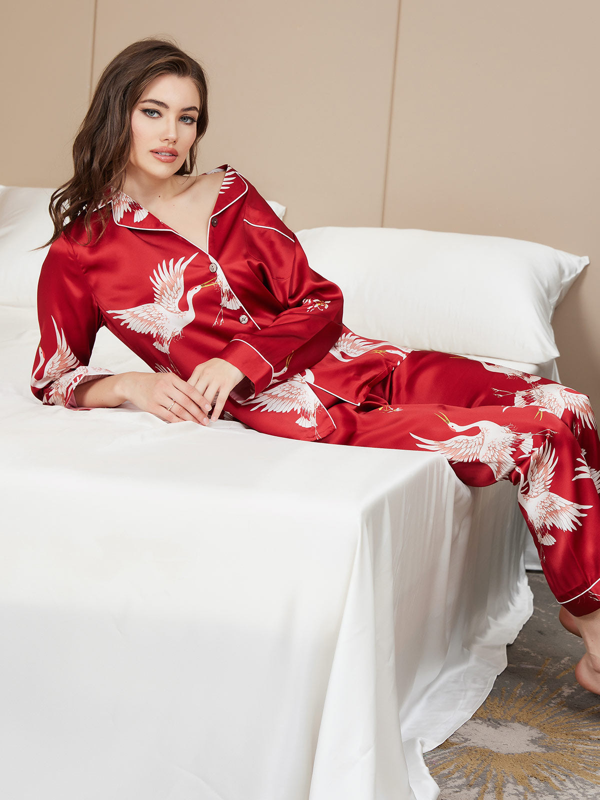 Dames Zijde Crane Print Lange Pyjama Set