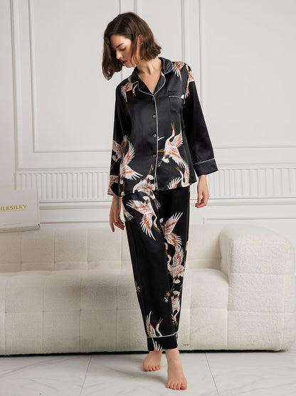 19Momme Zuivere Zijde Printed Klassiek Binding Trim Dames Pyjama Set.