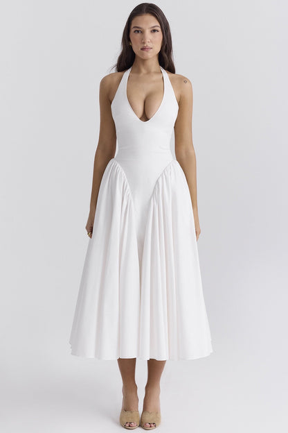 Witte katoenen halter midi-zonnejurk