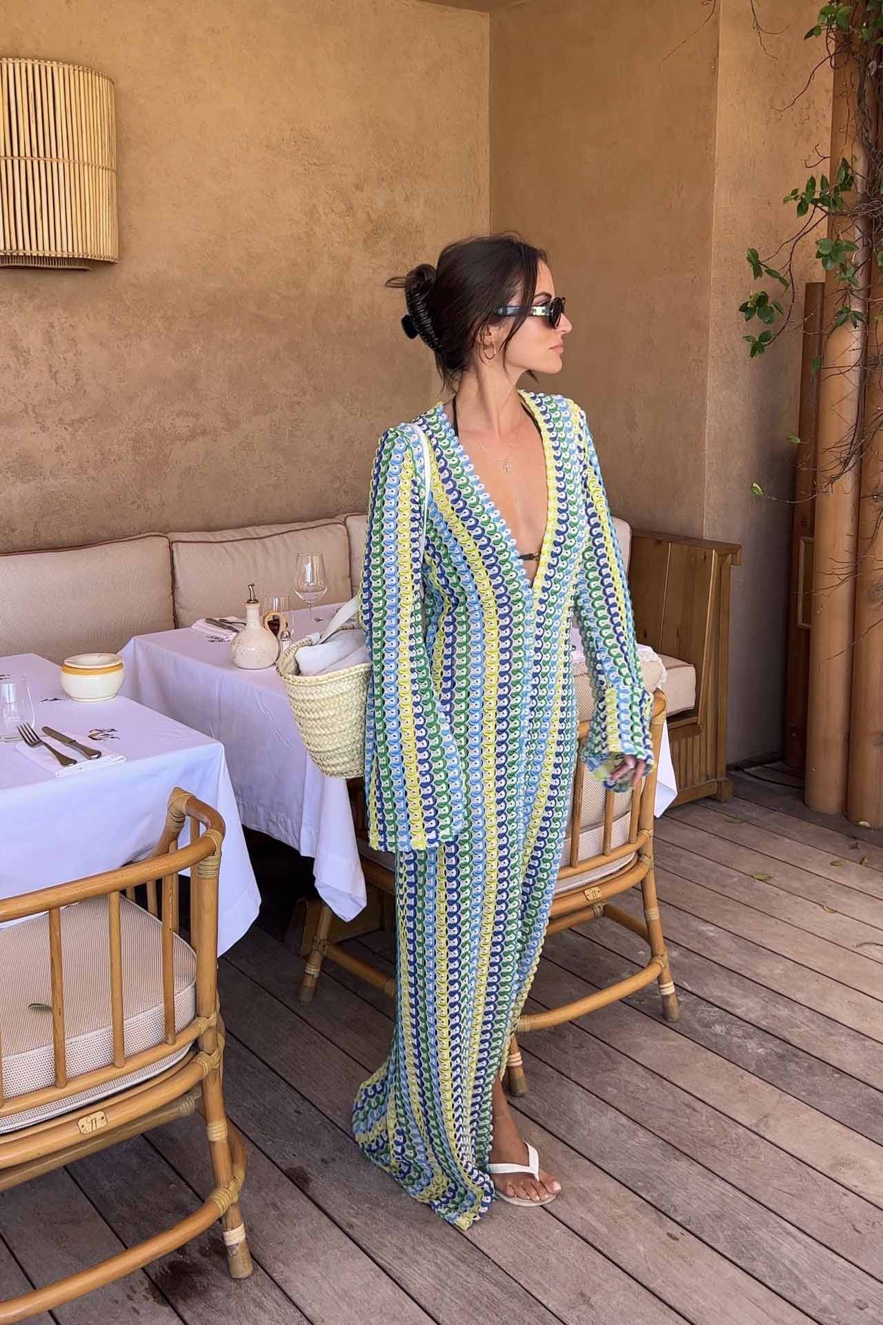 Boho V-hals Bell Sleeve Golvend Gestreepte Gehaakte Strandvakantie Maxi-jurk