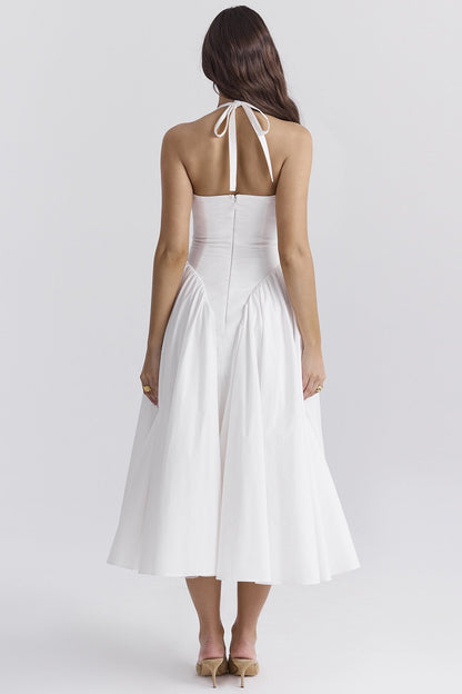 Witte katoenen halter midi-zonnejurk