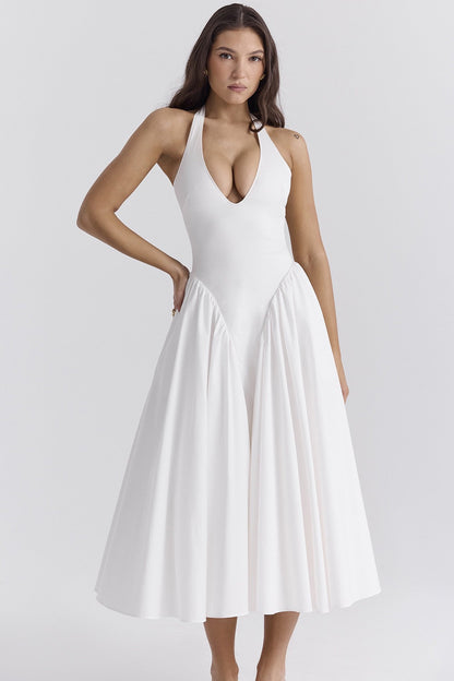 Witte katoenen halter midi-zonnejurk