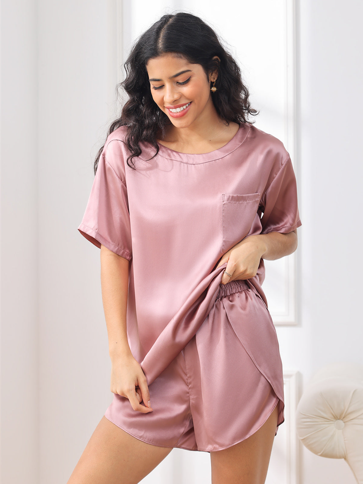 Zuivere Zijde Effen Kleur Dames Pyjama Set