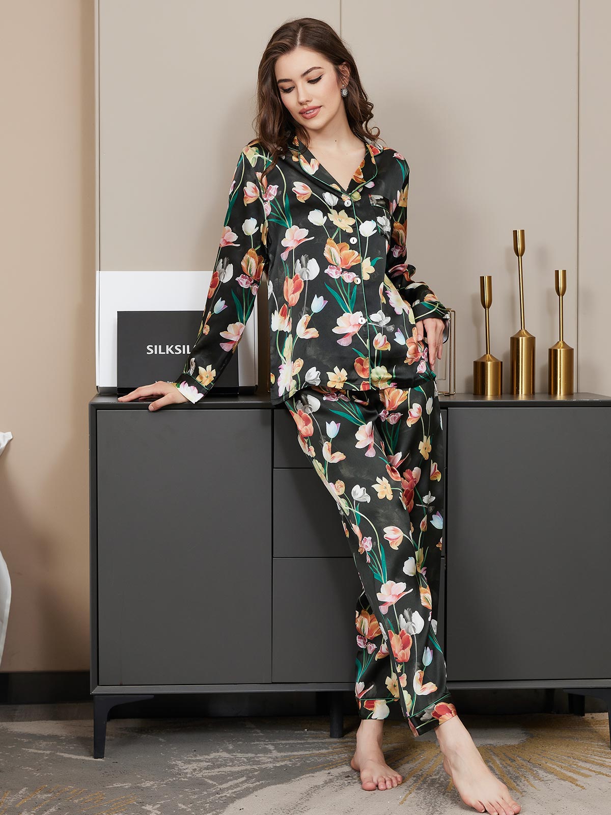 Zuivere Zijde Bloemenpatroon Dames Pyjama Set