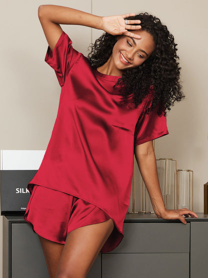 Zuivere Zijde Effen Kleur Dames Pyjama Set