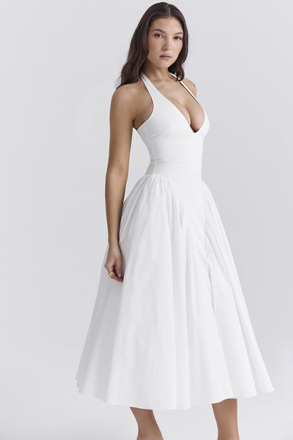 Witte katoenen halter midi-zonnejurk