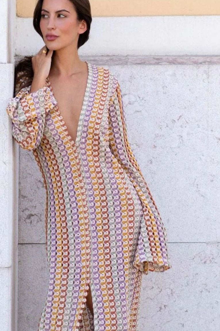 Boho V-hals Bell Sleeve Golvend Gestreepte Gehaakte Strandvakantie Maxi-jurk