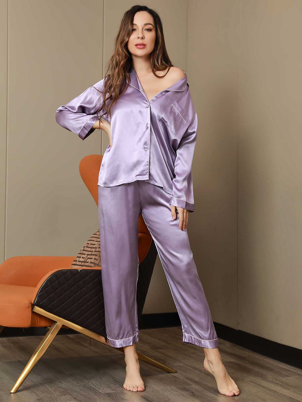 Moerbei Zijde Binding Trim Pyjama Set 2Pcs