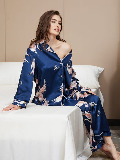 Dames Zijde Crane Print Lange Pyjama Set