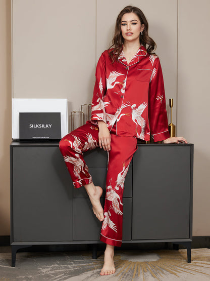 Dames Zijde Crane Print Lange Pyjama Set