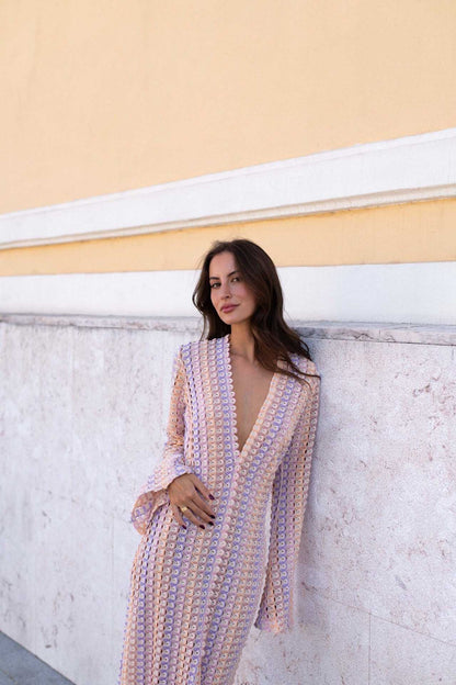 Boho V-hals Bell Sleeve Golvend Gestreepte Gehaakte Strandvakantie Maxi-jurk