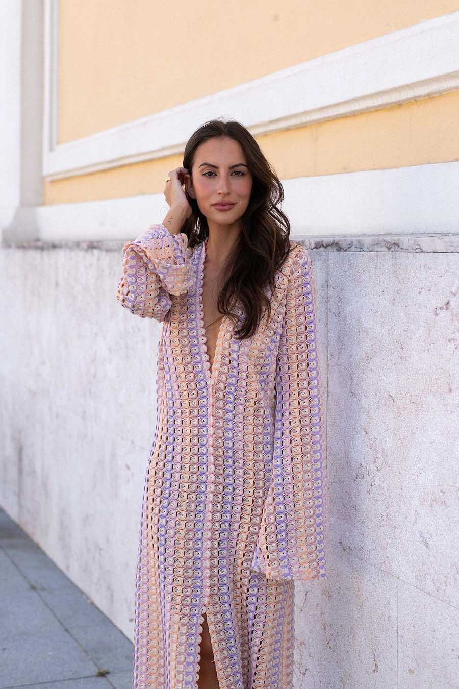 Boho V-hals Bell Sleeve Golvend Gestreepte Gehaakte Strandvakantie Maxi-jurk