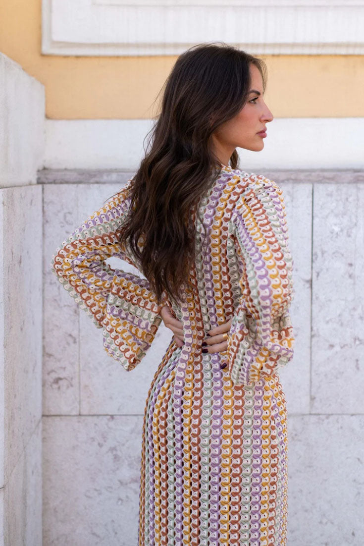 Boho V-hals Bell Sleeve Golvend Gestreepte Gehaakte Strandvakantie Maxi-jurk