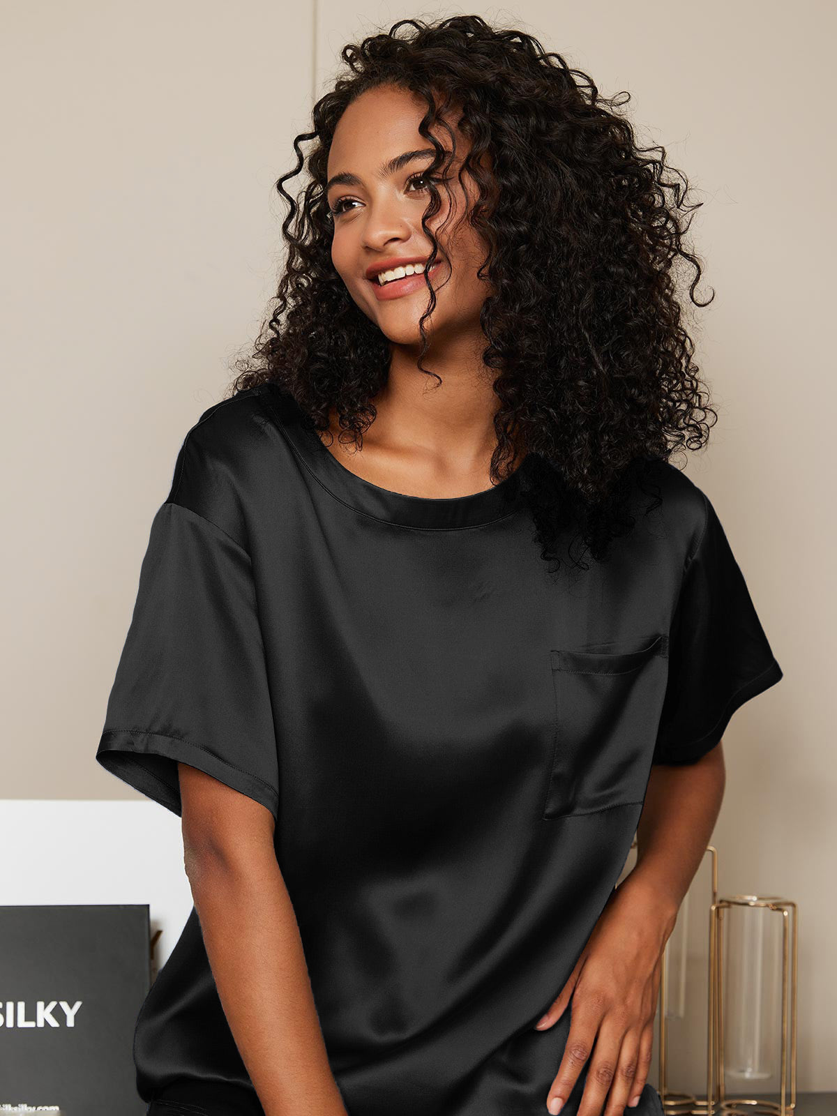 Dames Zijde Oversized T-Shirt Korte Pyjama Set