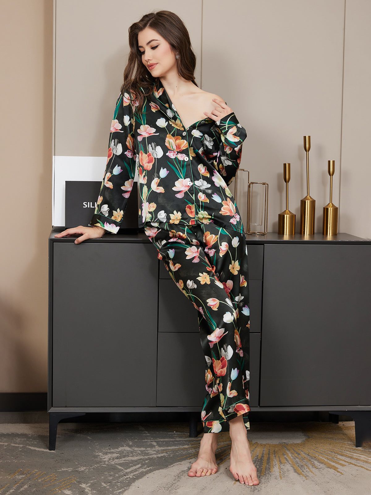 Zuivere Zijde Bloemenpatroon Dames Pyjama Set