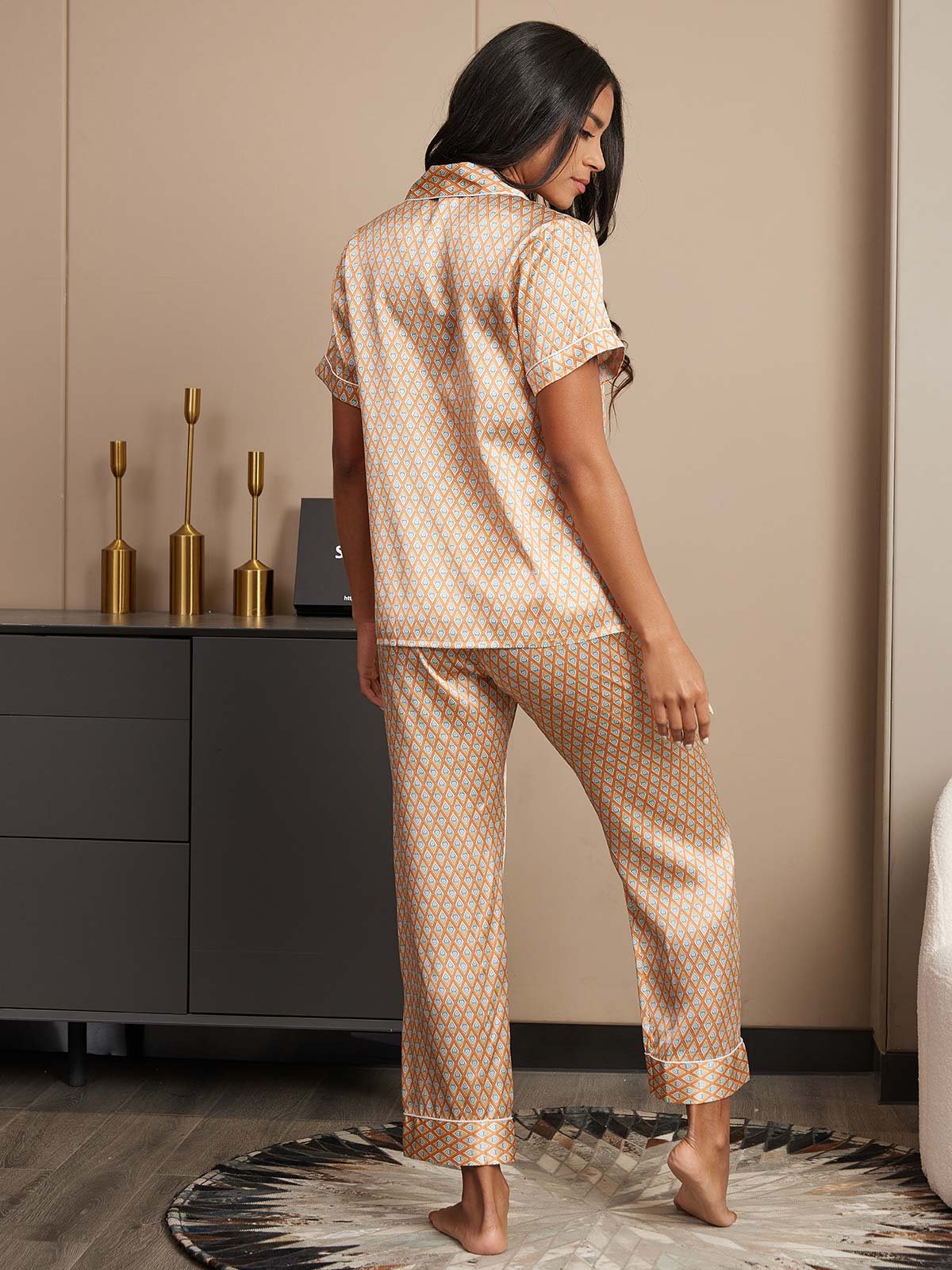 Zuivere Zijde Geometrisch Korte Mouw Dames Pyjama Set