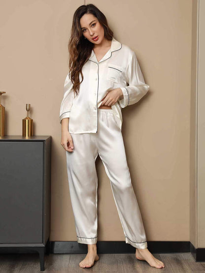 Moerbei Zijde Binding Trim Klassiek Pyjama Set 2Pcs