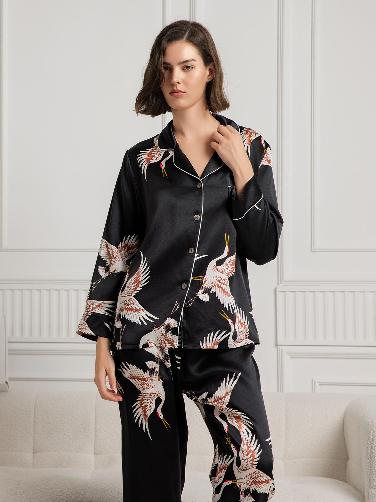 19Momme Zuivere Zijde Printed Klassiek Binding Trim Dames Pyjama Set.