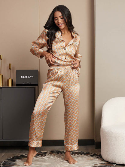 Zuivere Zijde Geometrisch Lange Mouw Dames Pyjama Set