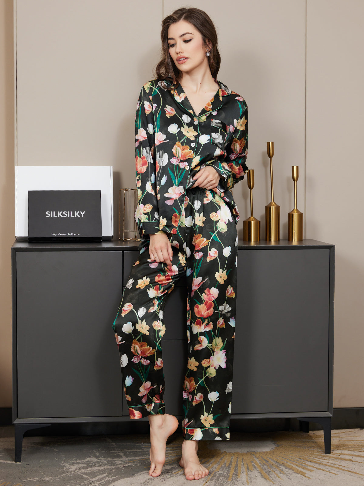 Zuivere Zijde Bloemenpatroon Dames Pyjama Set