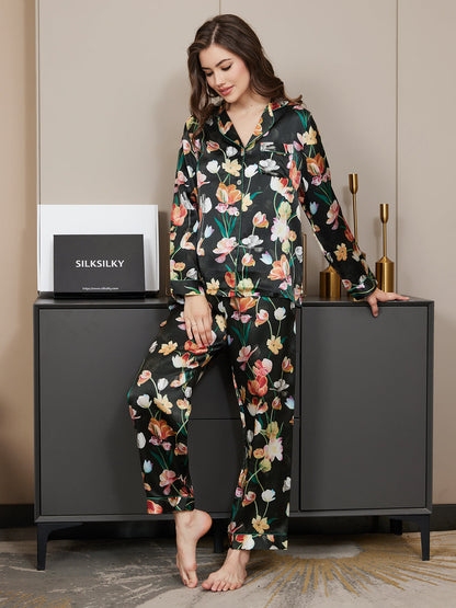 Zuivere Zijde Bloemenpatroon Dames Pyjama Set