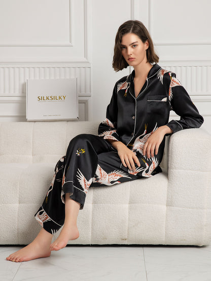 Dames Zijde Crane Print Lange Pyjama Set