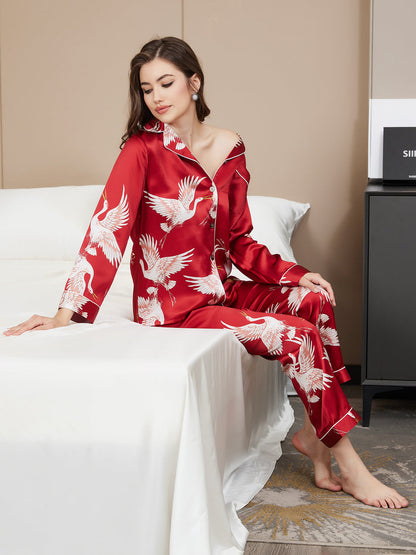 Dames Zijde Crane Print Lange Pyjama Set