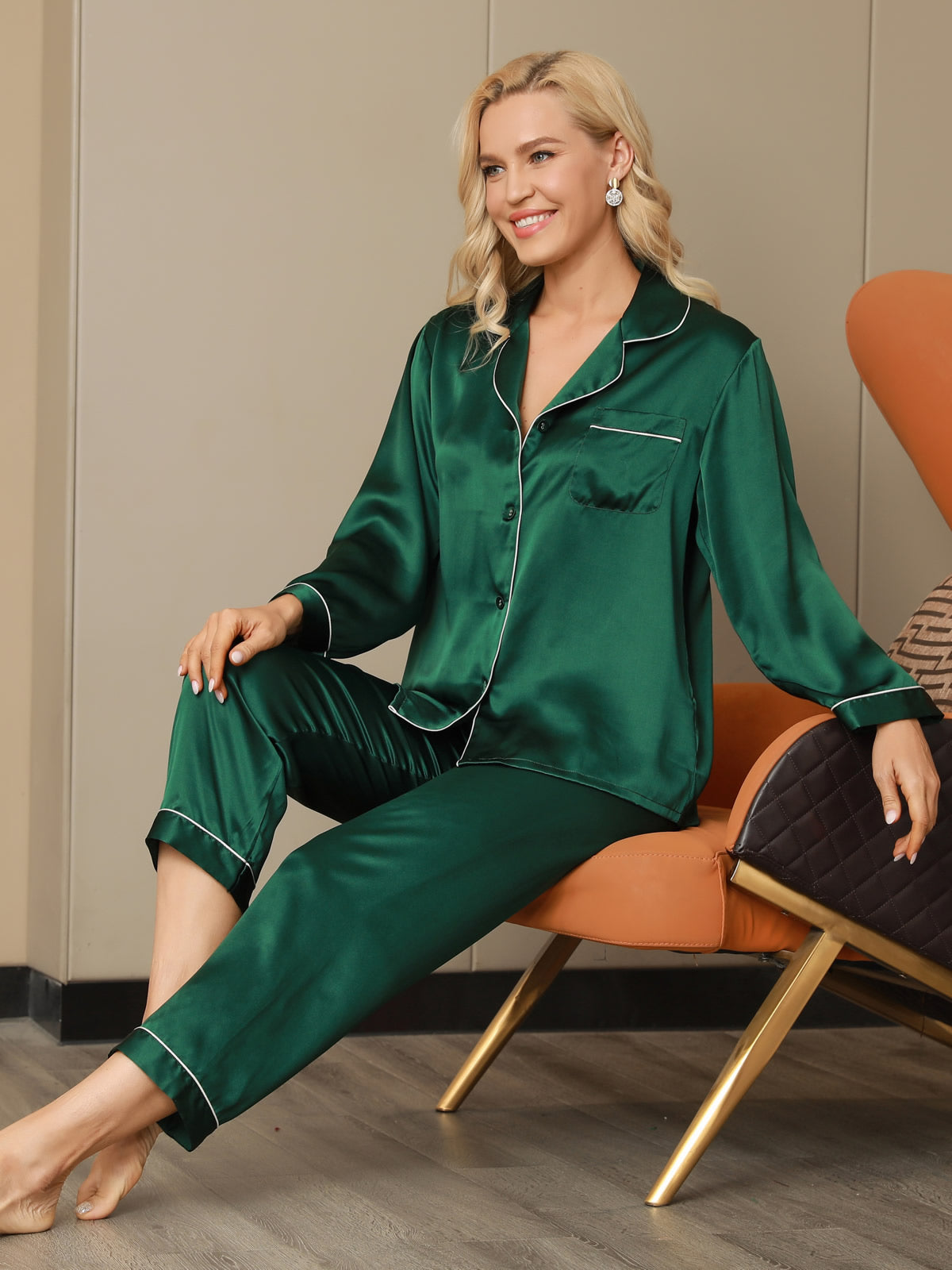 Dames Natuurlijke Zijde Lange Mouwen Pyjama Set