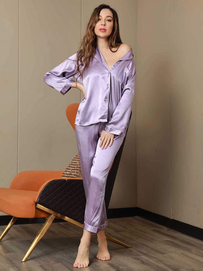 Moerbei Zijde Binding Trim Klassiek Pyjama Set 2Pcs