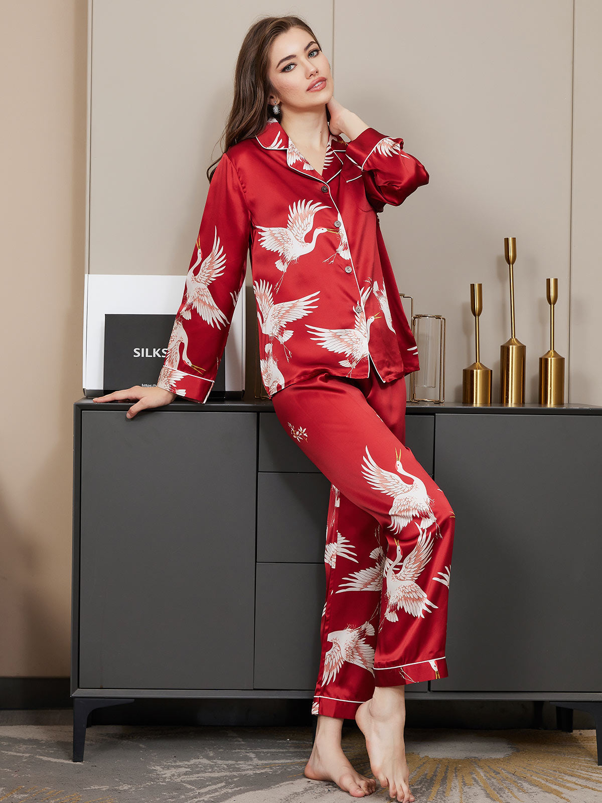 Dames Zijde Crane Print Lange Pyjama Set