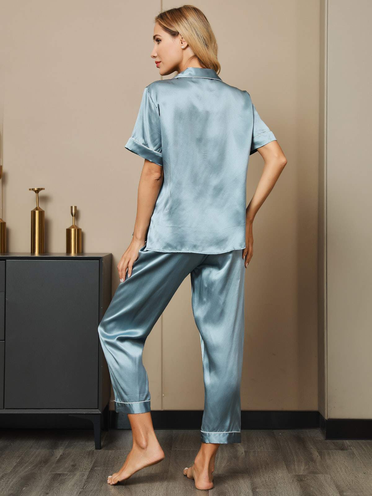 Piping Trim Moerbei Zijde Pyjama Set 2Pcs