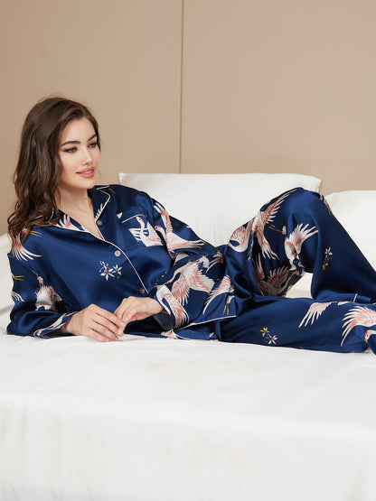 Dames 100% Moerbeizijde Kranenprint Volledige Lengte Pyjama Set