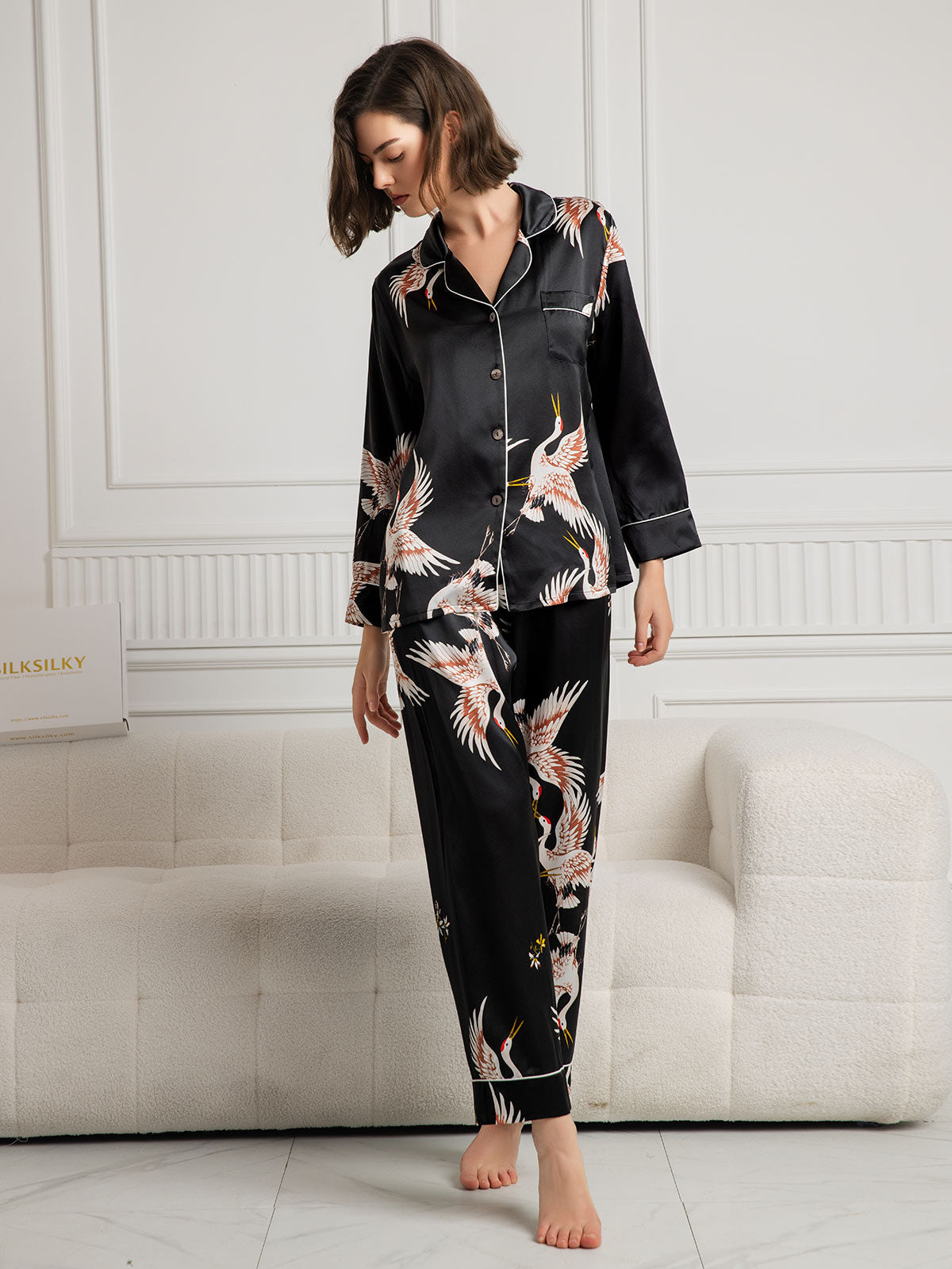 Dames Zijde Crane Print Lange Pyjama Set