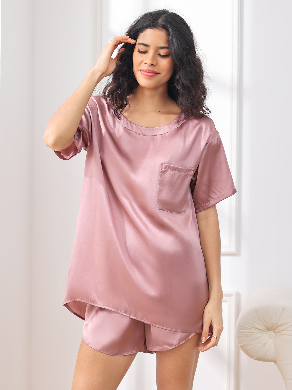 Zuivere Zijde Effen Kleur Dames Pyjama Set