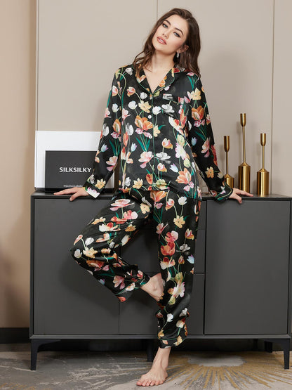 Zuivere Zijde Bloemenpatroon Dames Pyjama Set