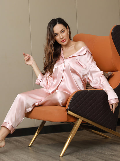 Dames Natuurlijke Zijde Lange Mouwen Pyjama Set