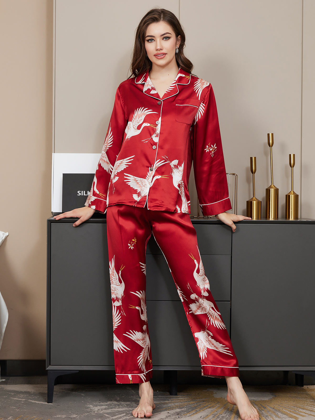 Dames Zijde Crane Print Lange Pyjama Set