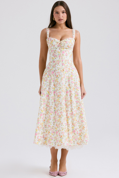 Athenais maxi-jurk met bloemen en ruches