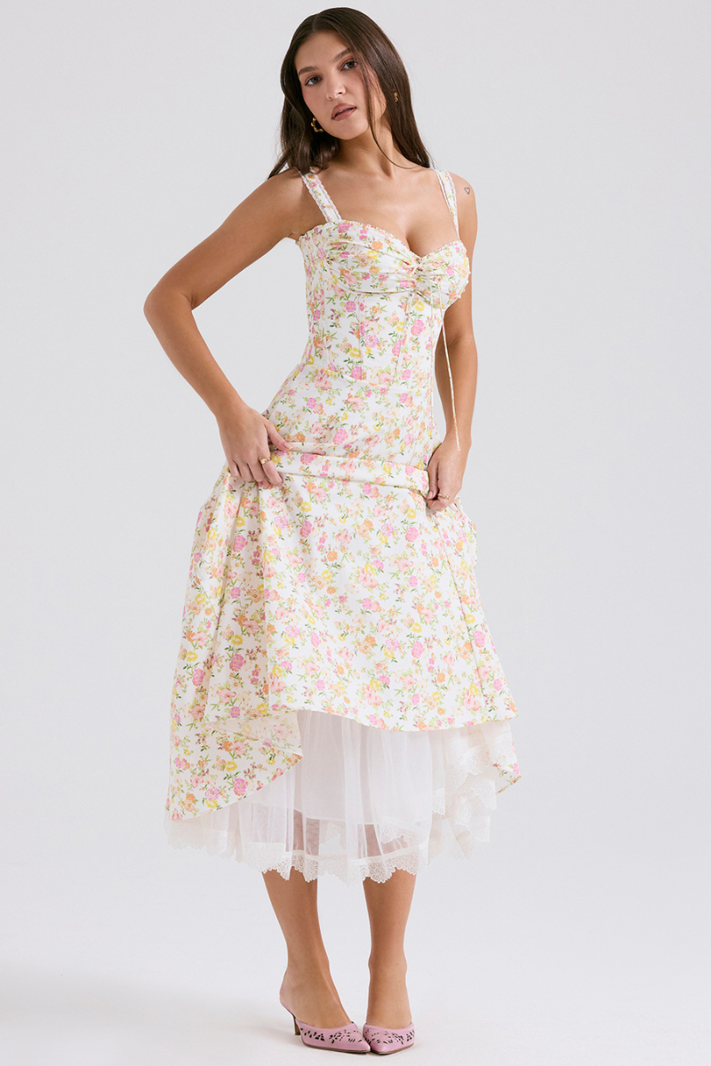 Athenais maxi-jurk met bloemen en ruches