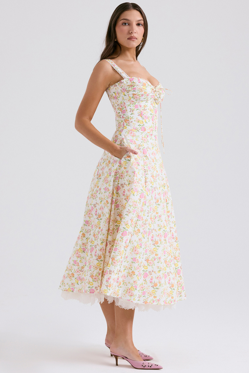 Athenais maxi-jurk met bloemen en ruches