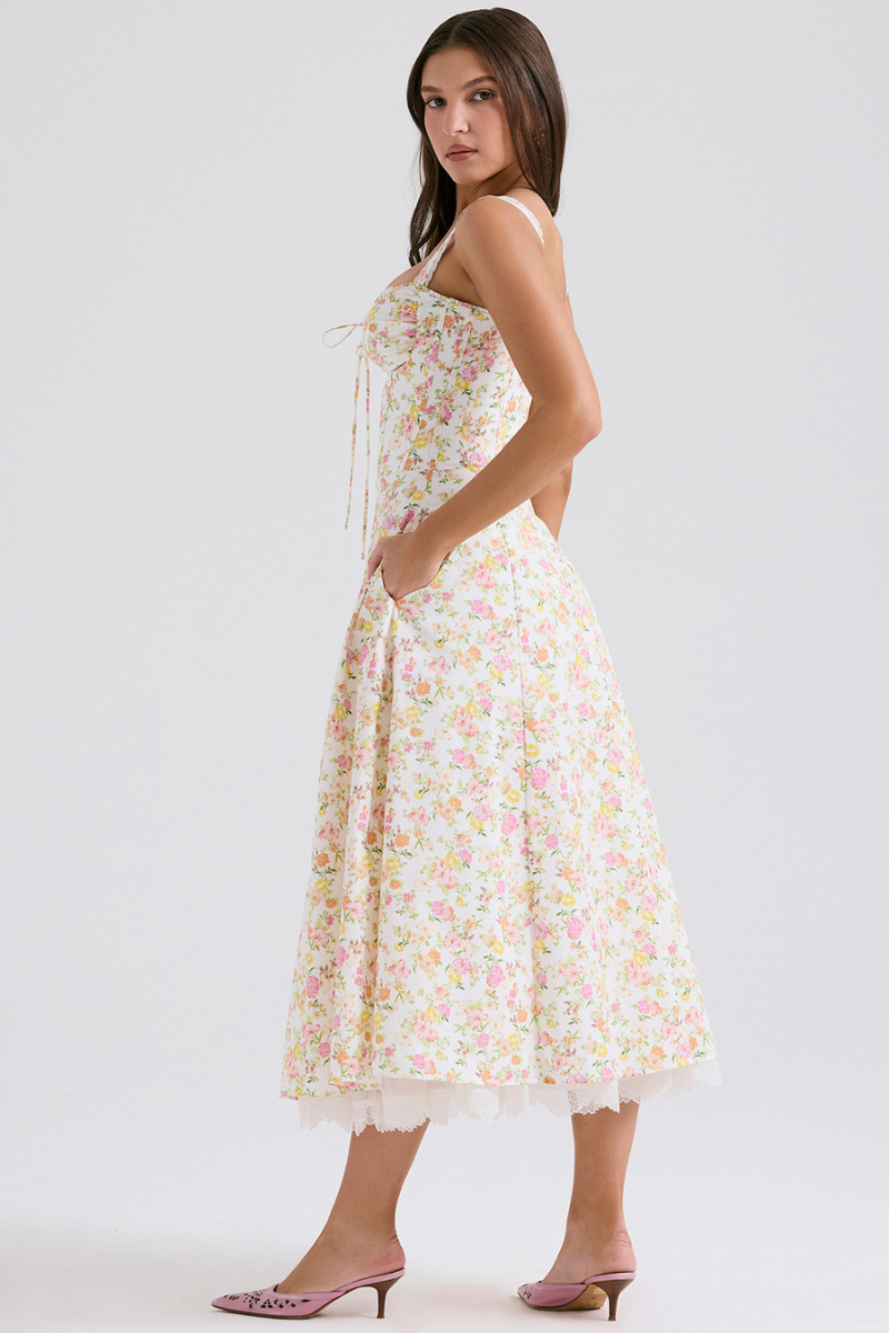 Athenais maxi-jurk met bloemen en ruches