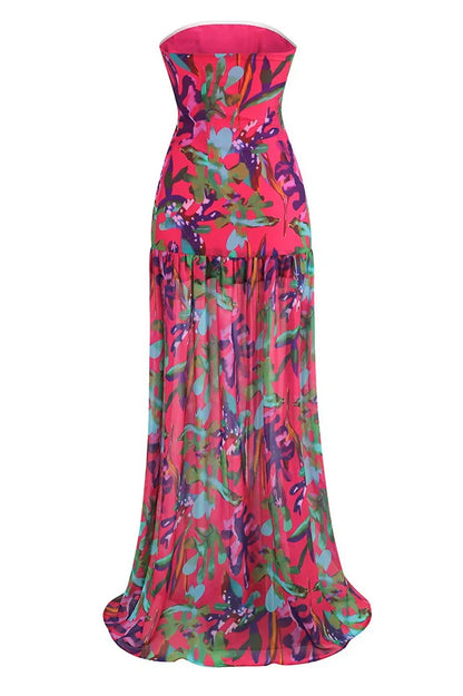 Pam bedrukte strapless split maxi-jurk