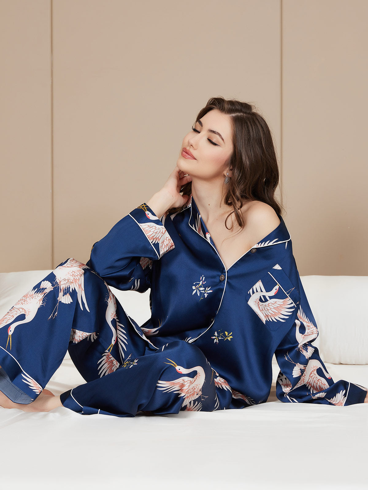 Dames Zijde Crane Print Lange Pyjama Set