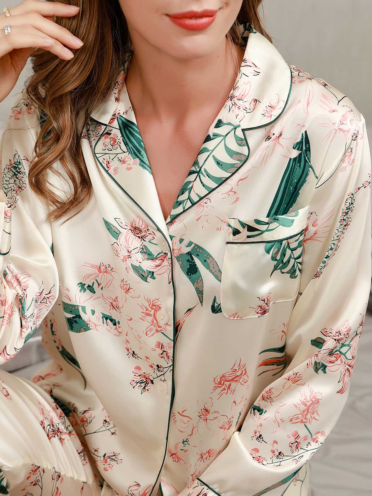 Gedrukt Luxueus Moerbei Zijde Pyjama Set 2Pcs